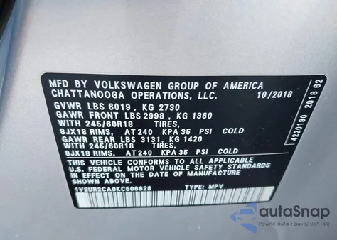 2019 Volkswagen Atlas 3.6L V6 Se W/Technology z USA, uszkodzony, nr VIN 1V2UR2CA0KC506628